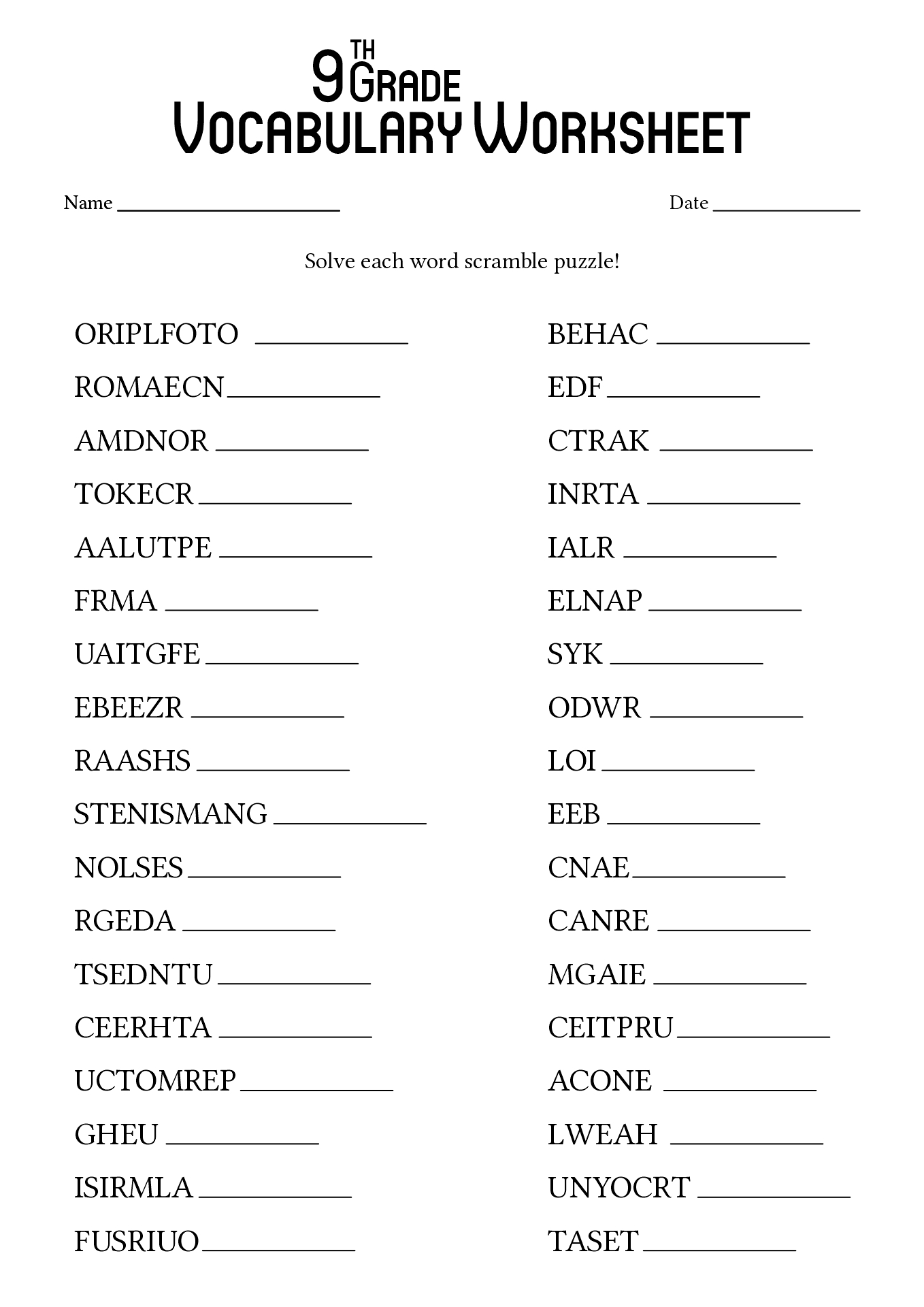 9th Grade English Free Printable Worksheets
