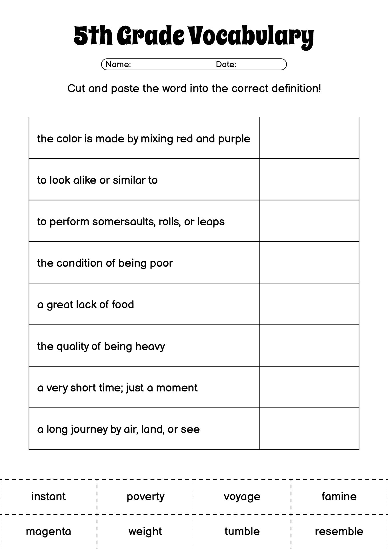 Free Printable 5th Grade Vocabulary Worksheets