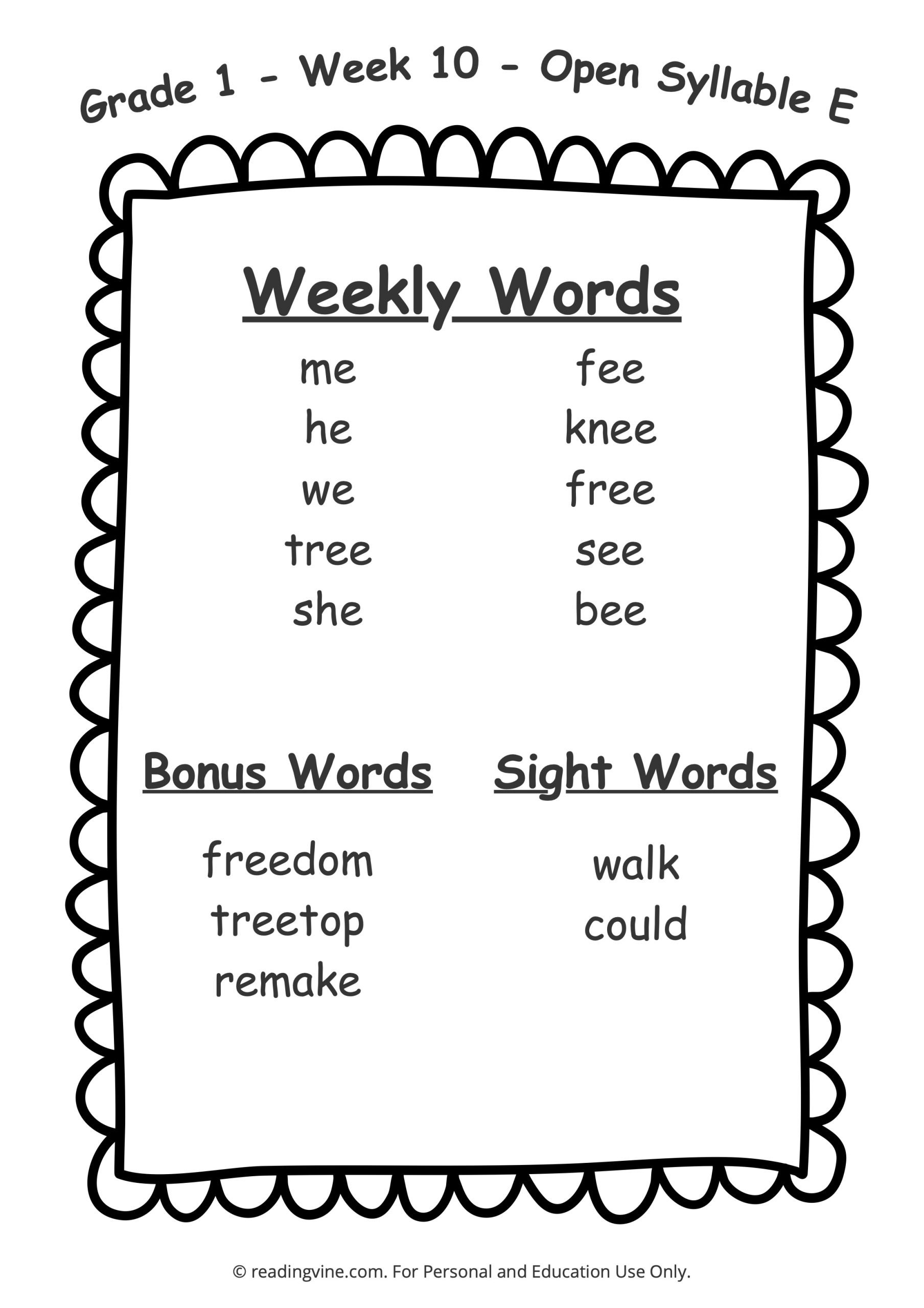 1st Grade Spelling Words Free Printable 36 Week List