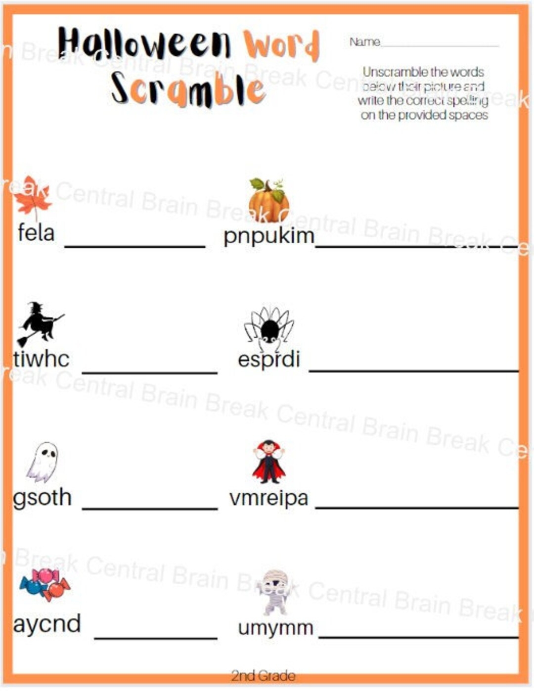 2nd Grade Halloween Word Scramble Worksheet With Answer Key Printable Etsy