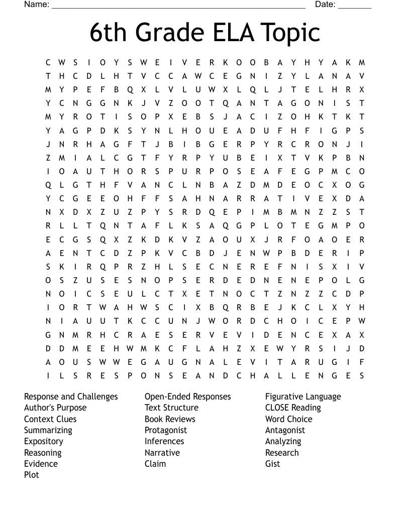 6th Grade ELA Topic Word Search WordMint
