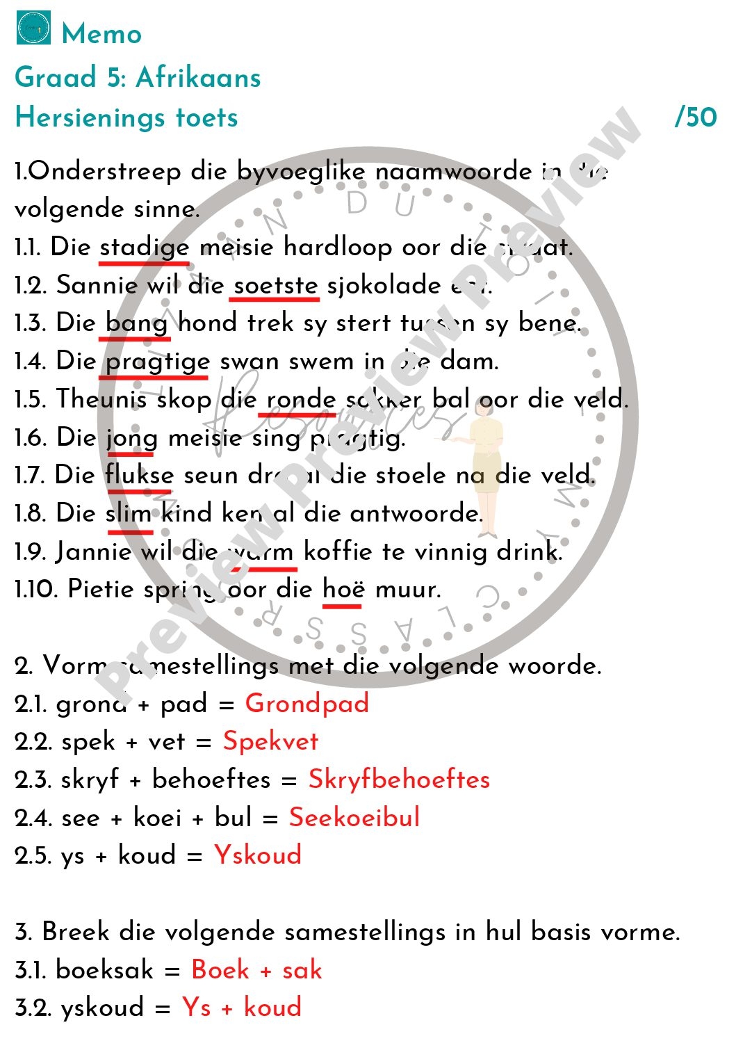 Afrikaans Grade 5 Hersienings Toets Teacha 