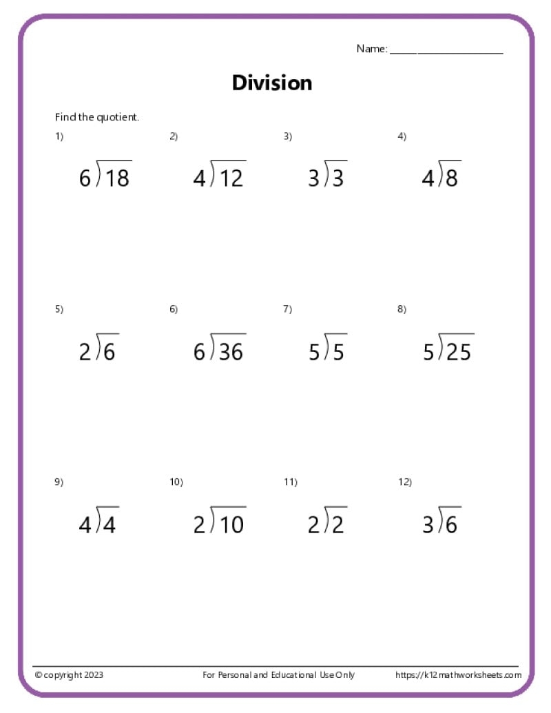Division Worksheet 3rd Grade Free Printable