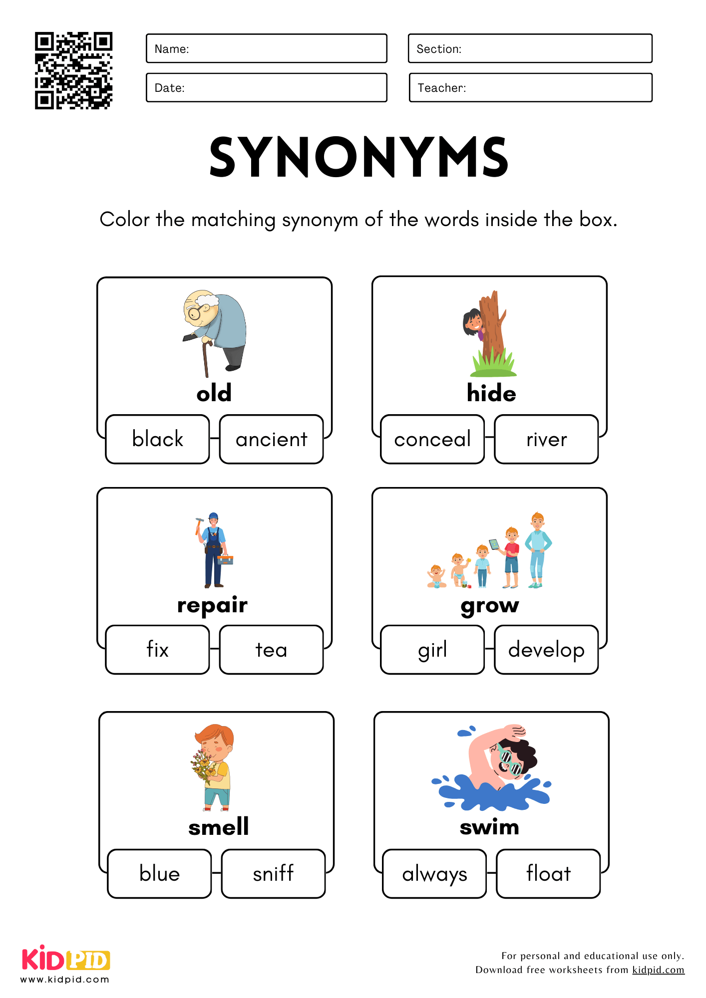 Color The Matching Synonyms Worksheet For Grade 1 Kidpid