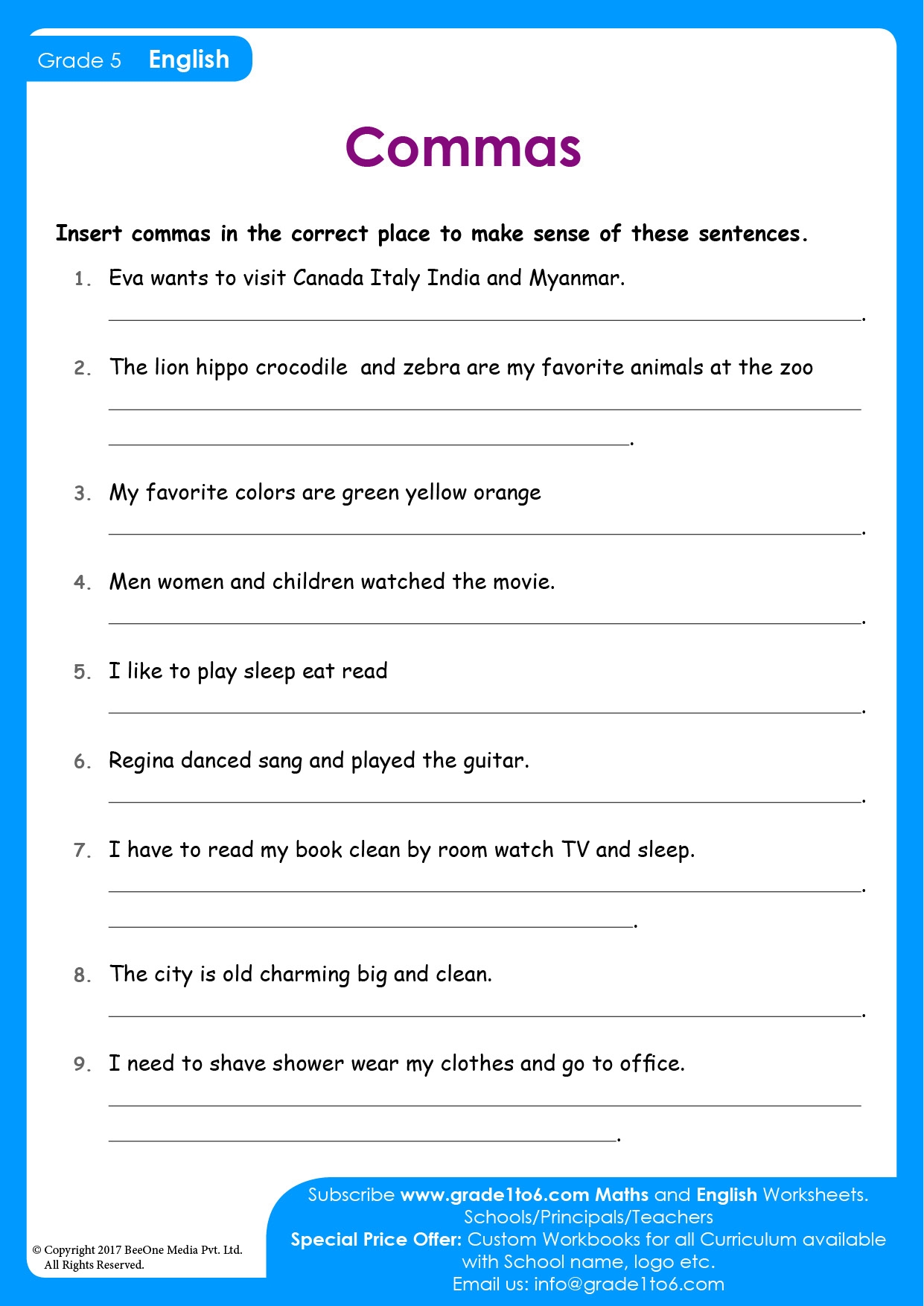 Comma Worksheet For Class 4 And 5 Grade1to6 Comma Worksheet For Class 4 And 5 Grade1to6