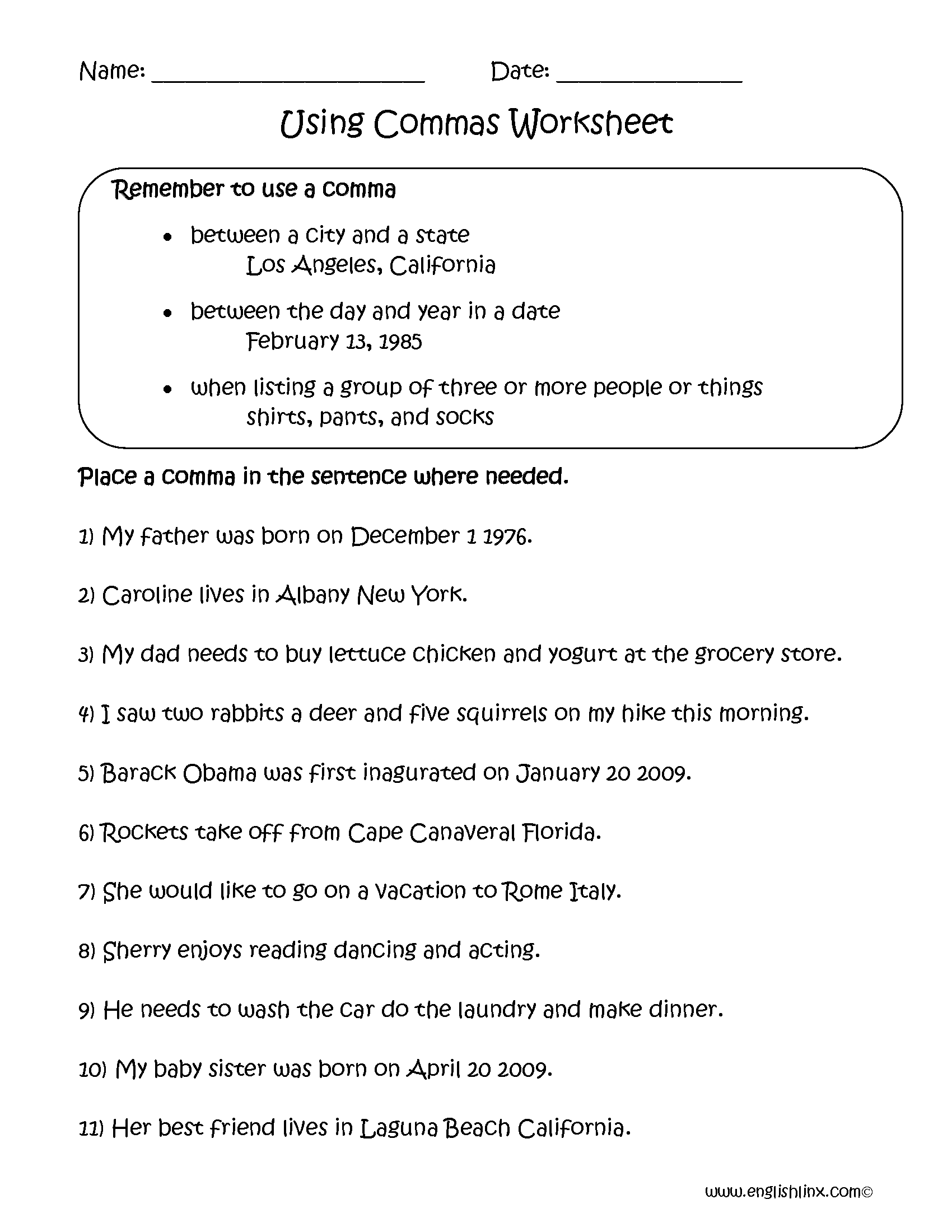 Commas Worksheets Using Commas Worksheets Commas Worksheets Using Commas Worksheets