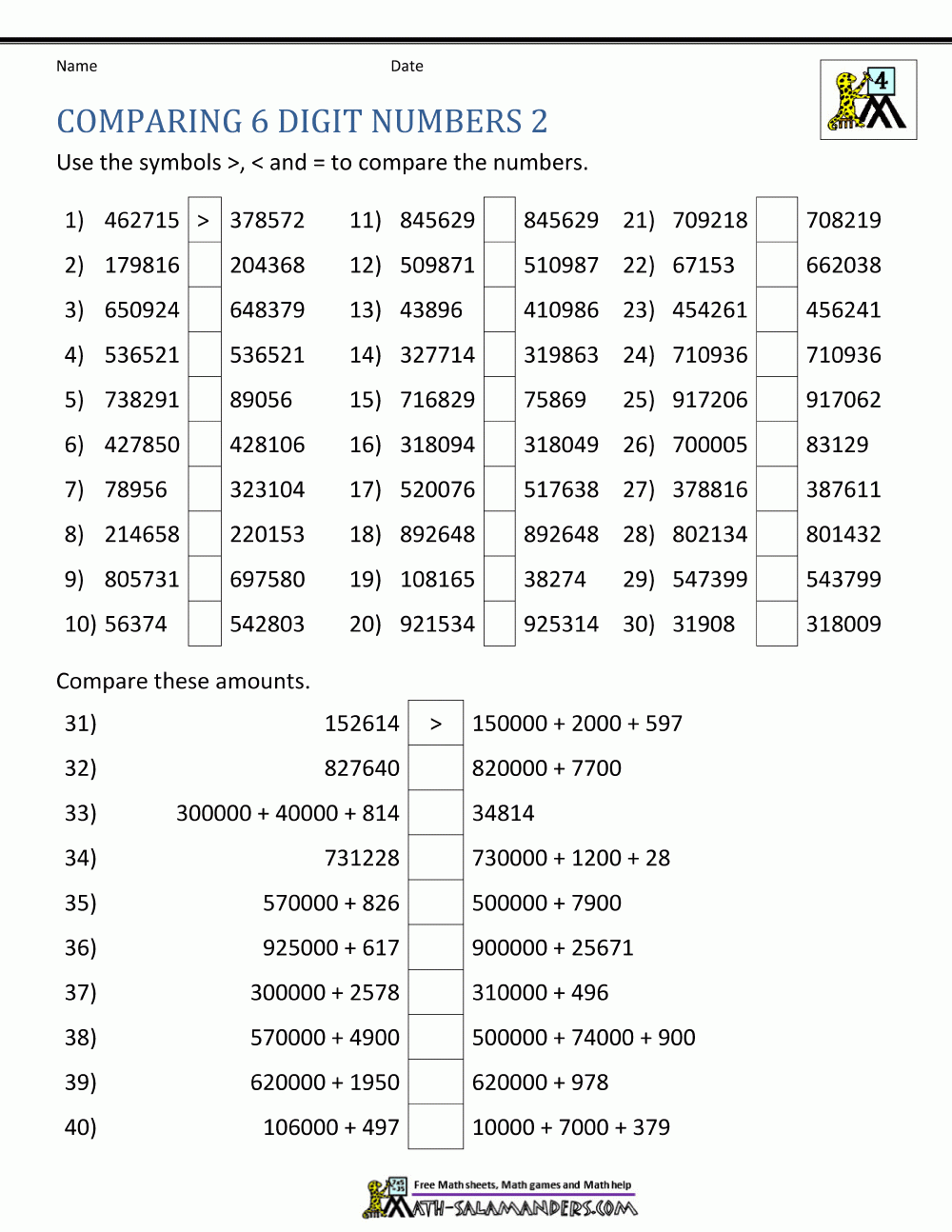 Comparing And Ordering Whole Numbers Worksheets