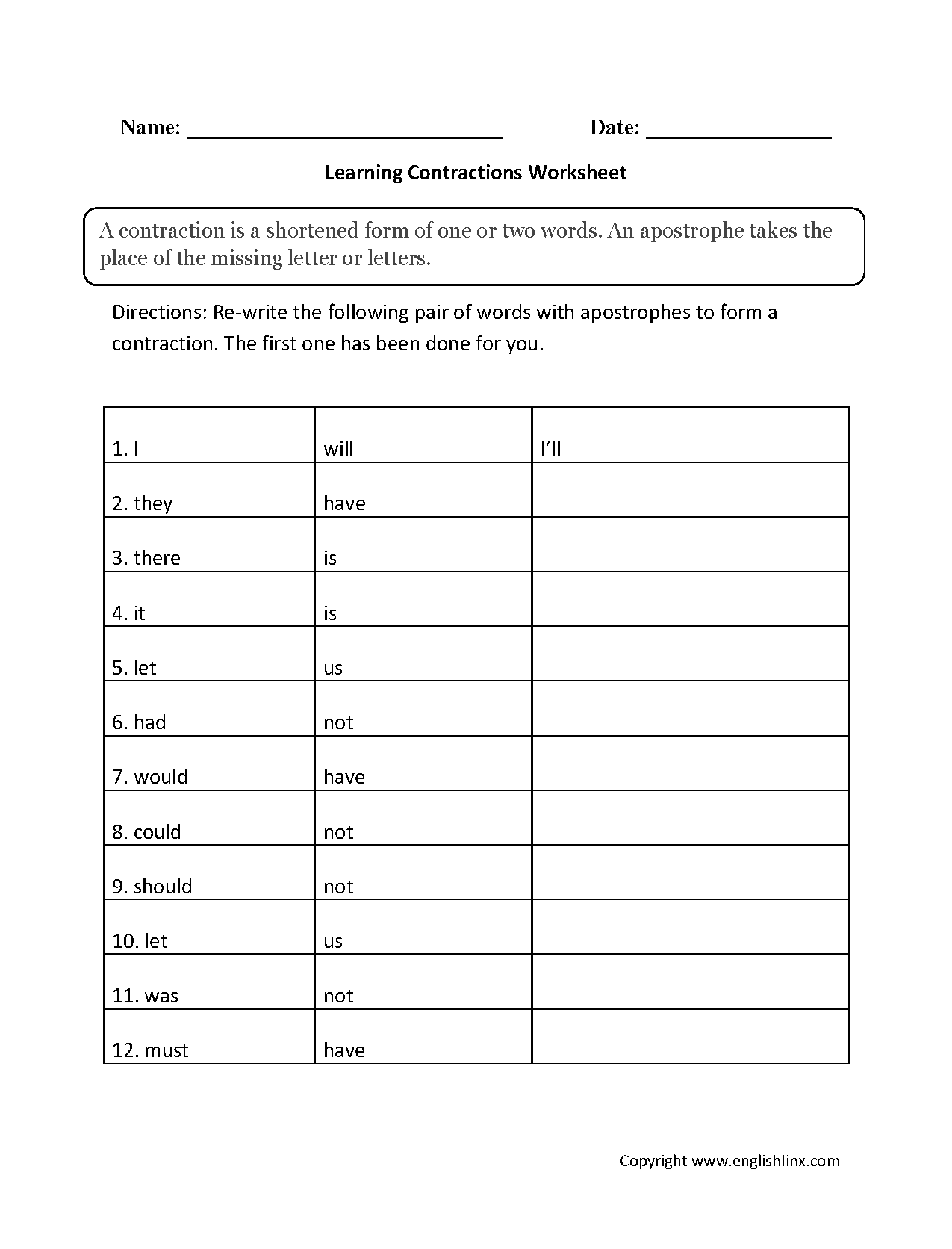 Free Printable Contraction Worksheets Third Grade Free Printable Contraction Worksheets Third Grade