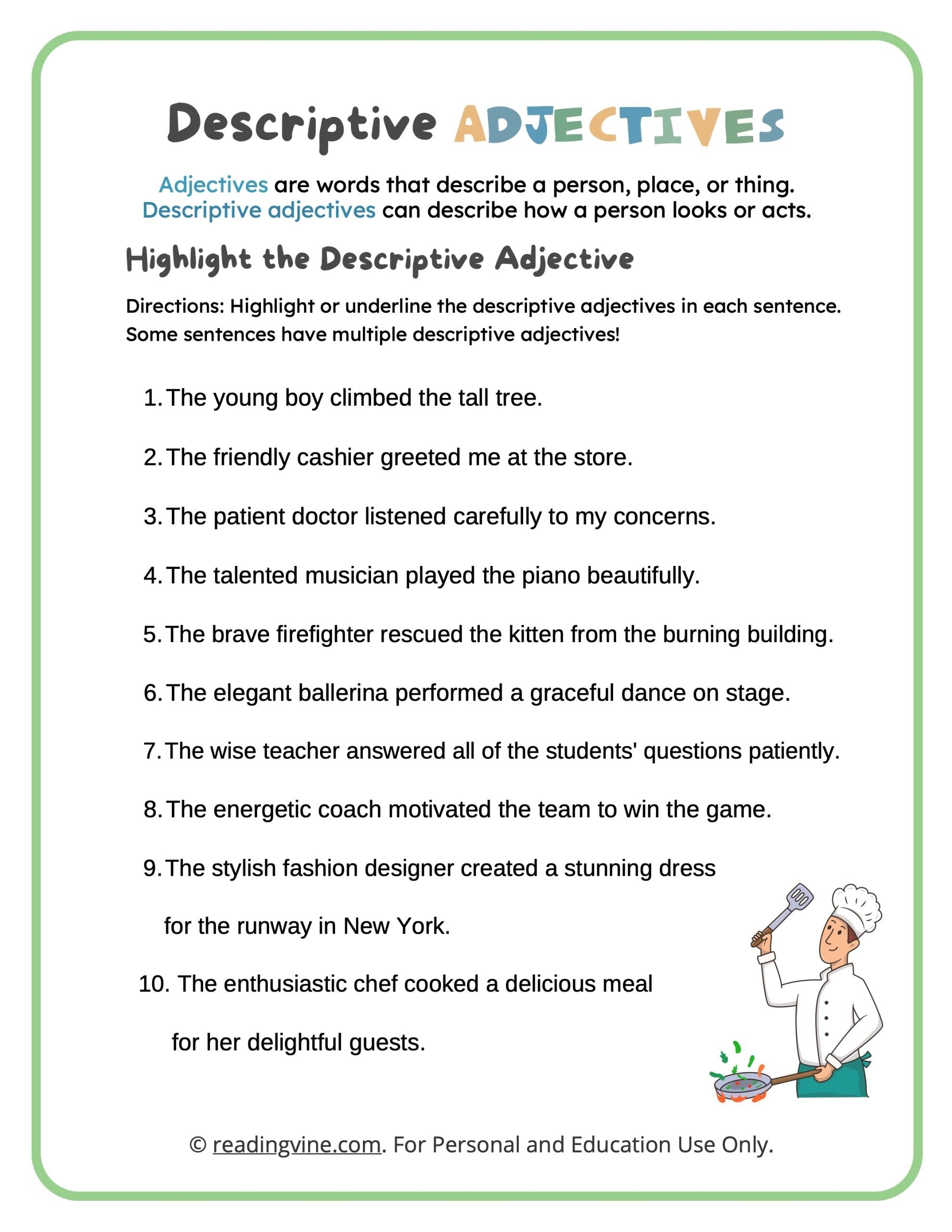 Descriptive Adjectives Worksheets ReadingVine Worksheets Library