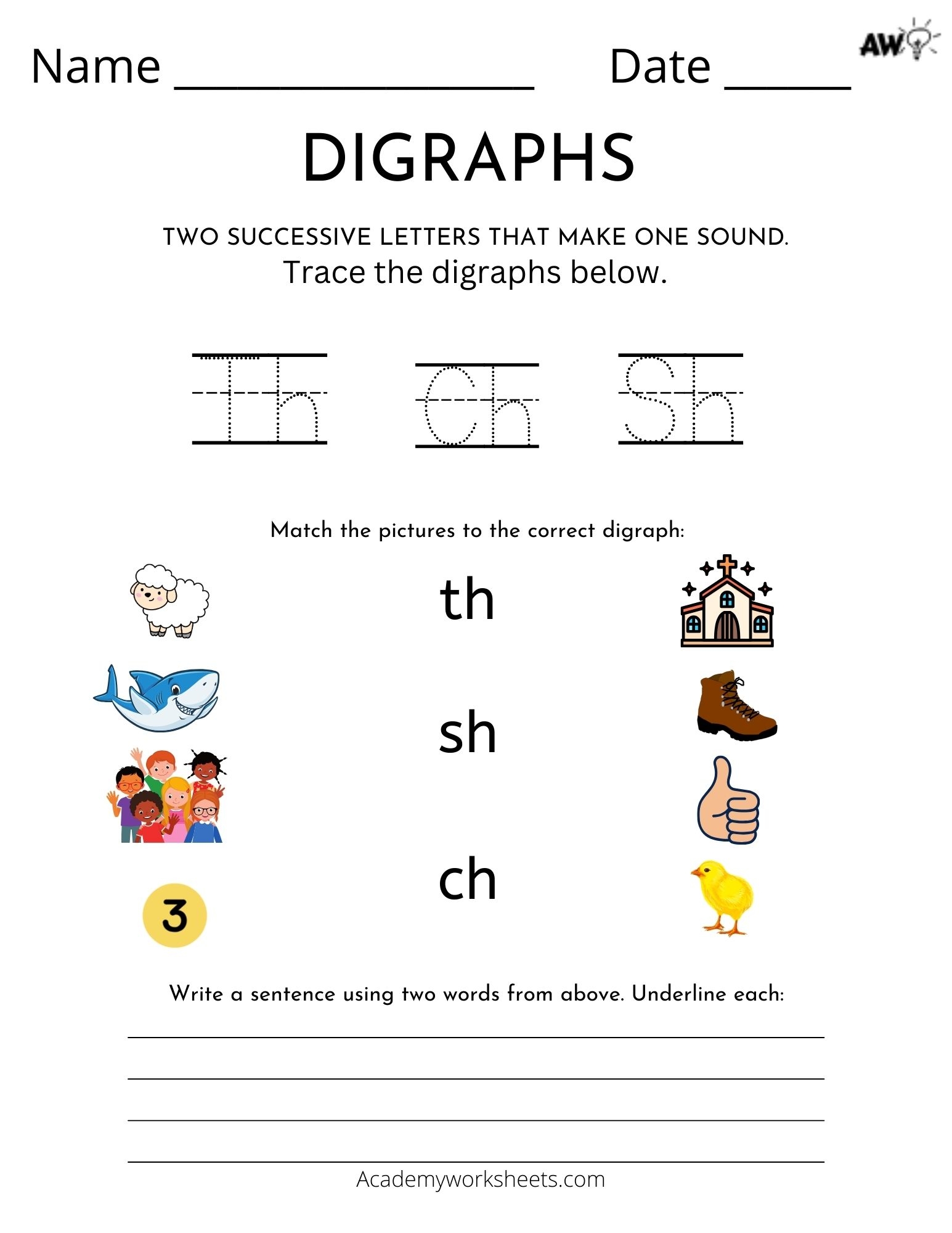 Diagraphs And Their Word List Academy Worksheets