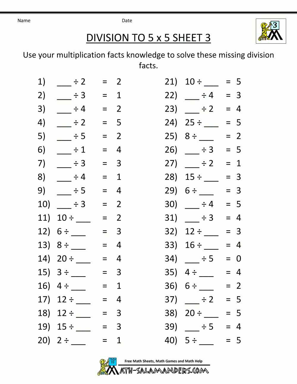 Division Facts Worksheets
