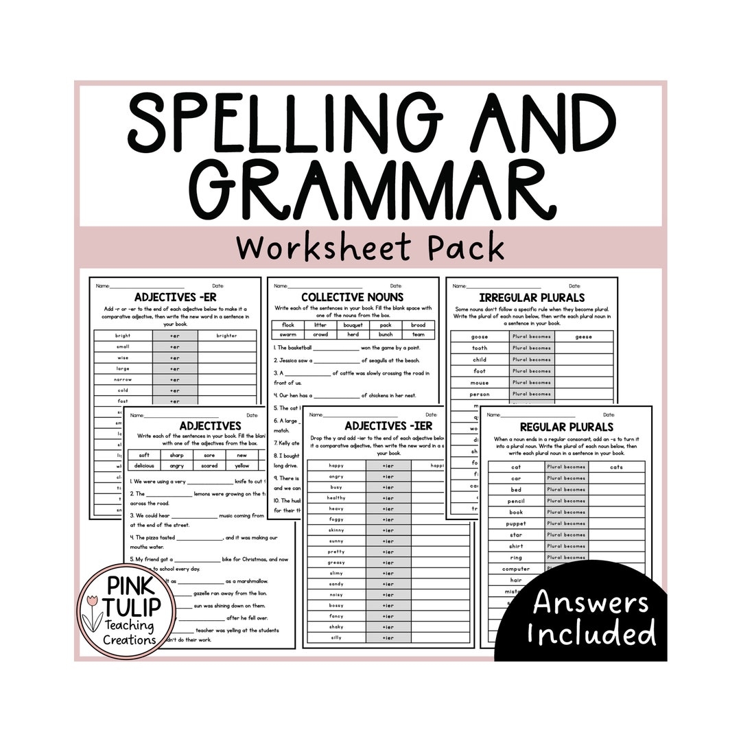 English Spelling And Grammar Worksheet Pack Etsy