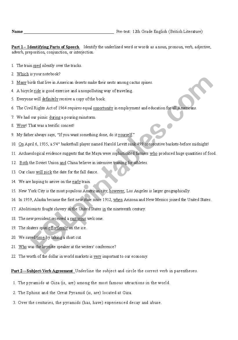 Free Printable 12th Grade English Worksheets