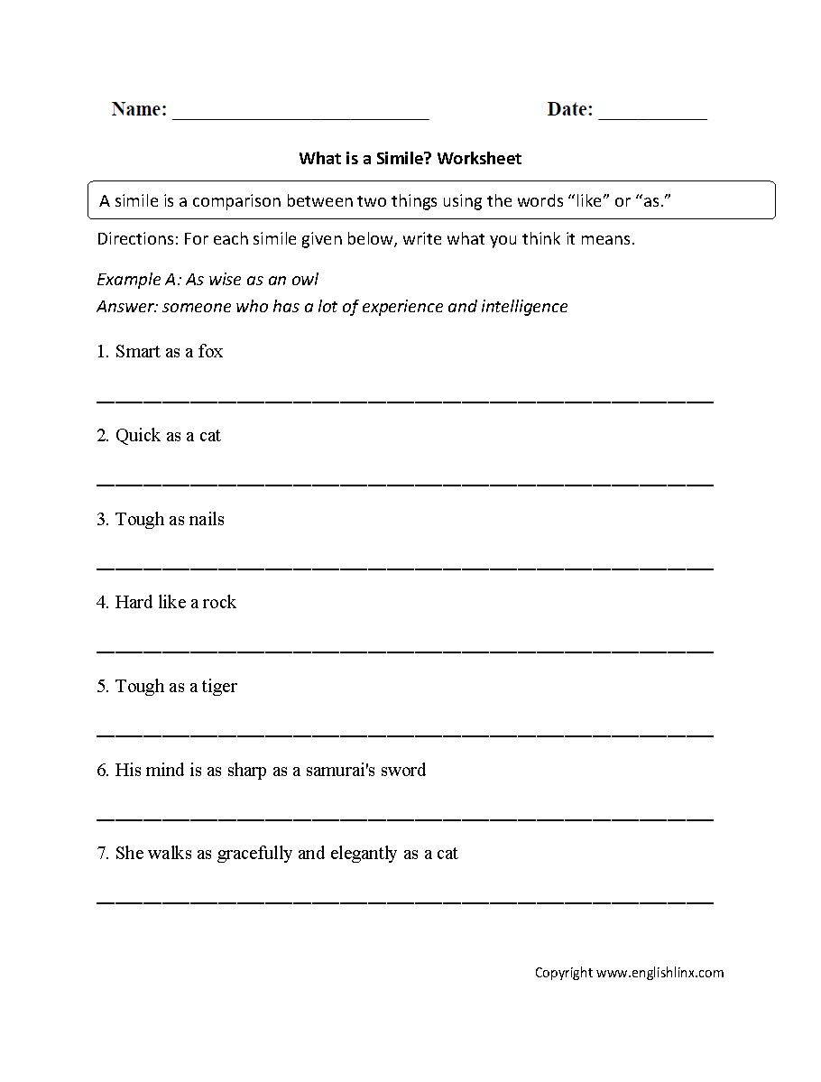Figurative Language Worksheets Simile Worksheets