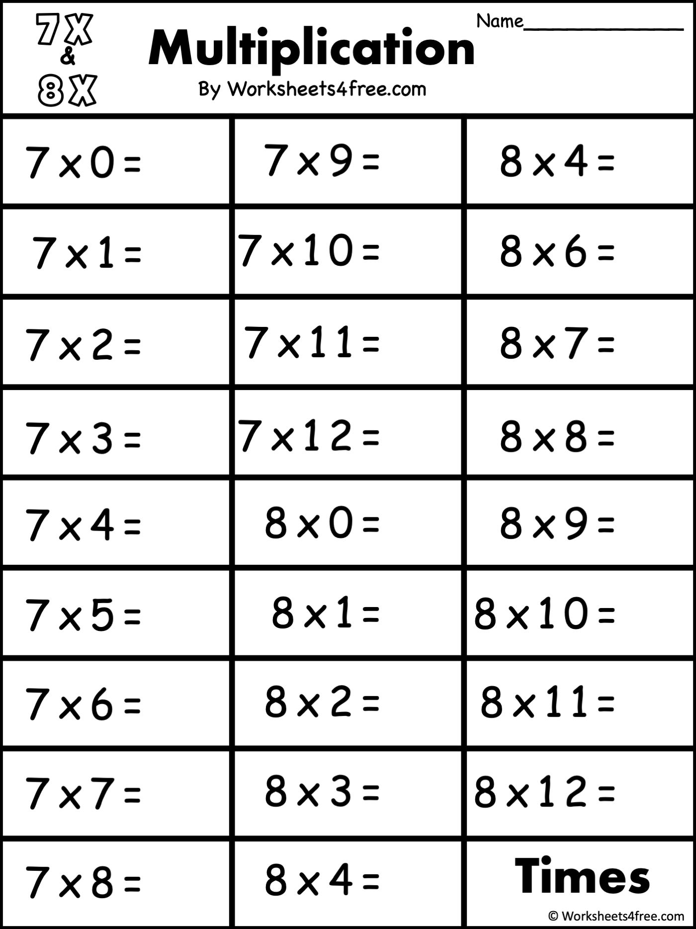 Free Multiplication Worksheet 7s U0026 8s Worksheets4Free Worksheets Library
