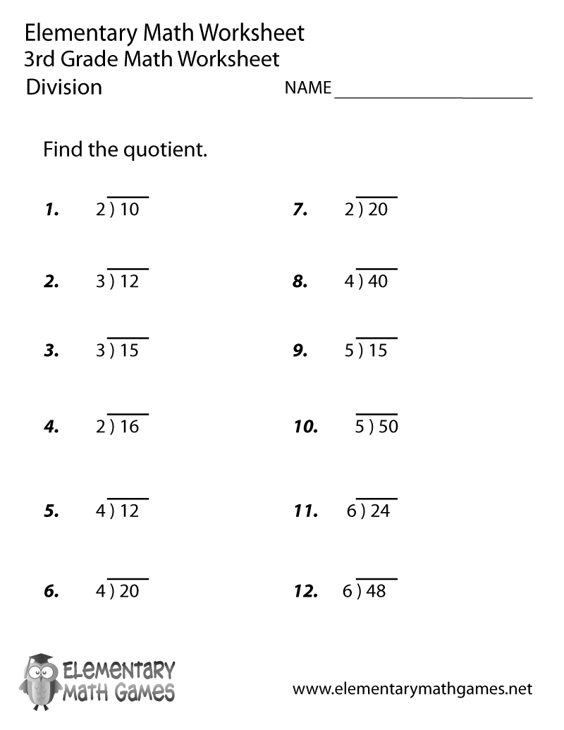 Free Printable Division Worksheet Grade 3