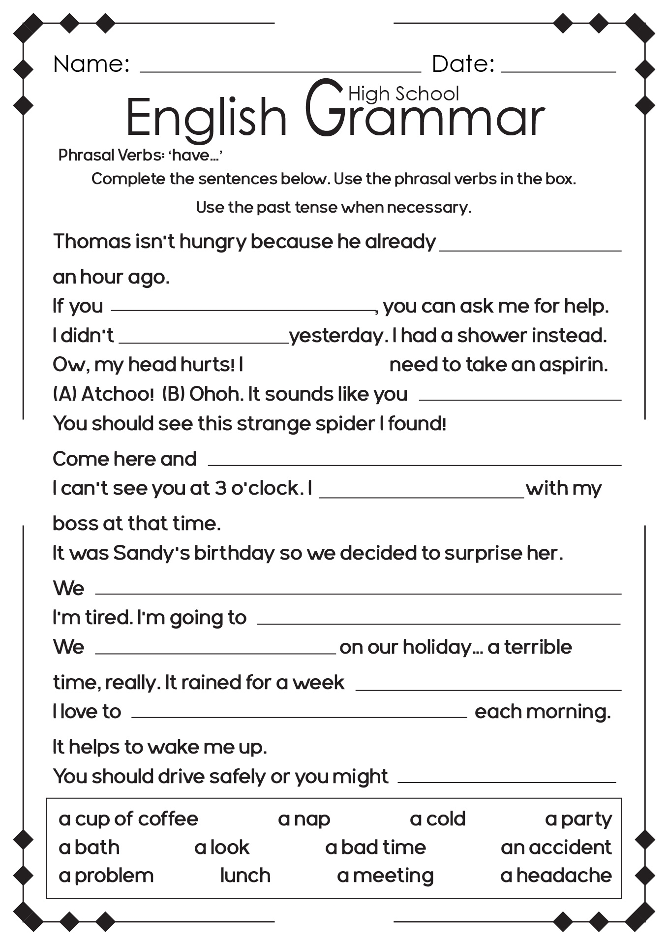 Free Printable 10th Grade English Worksheets