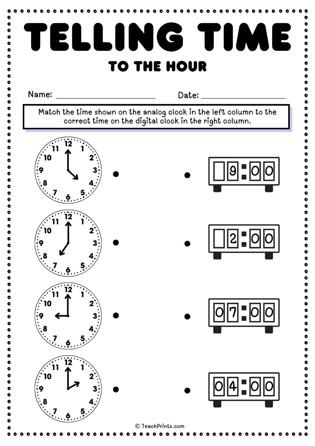 Free Telling Time To The Hour Worksheets Teach Prints