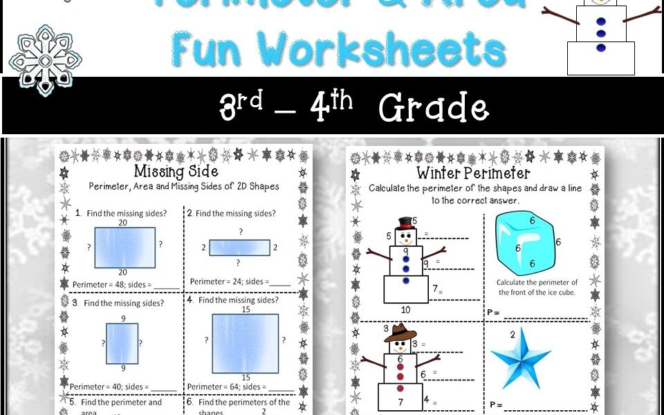 Free Winter Themed Perimeter U0026 Area Activity Worksheets 2 3rd