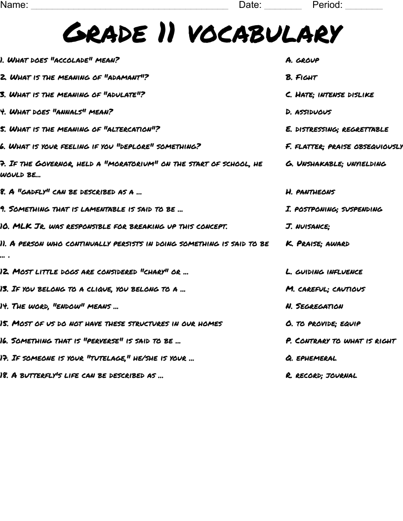 Grade 11 Vocabulary Worksheet WordMint