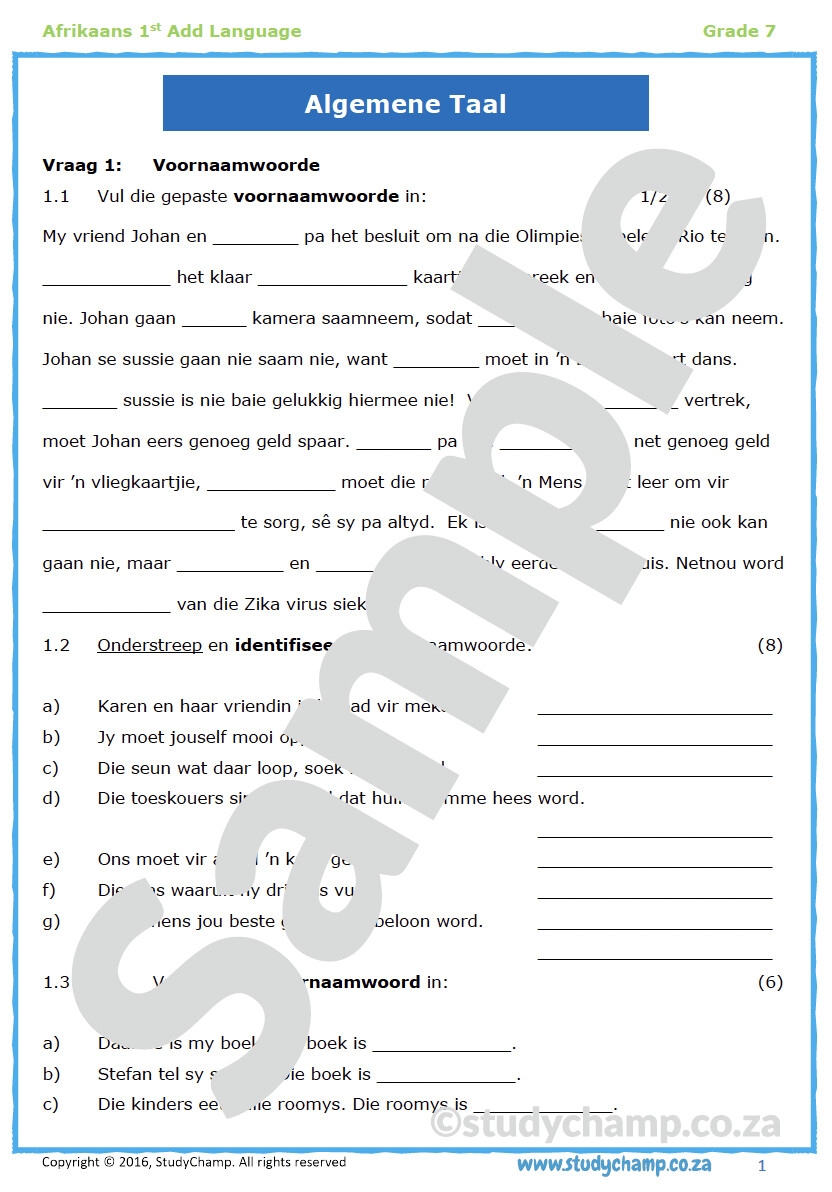 Free Printable Grade 7 Afrikaans Worksheets
