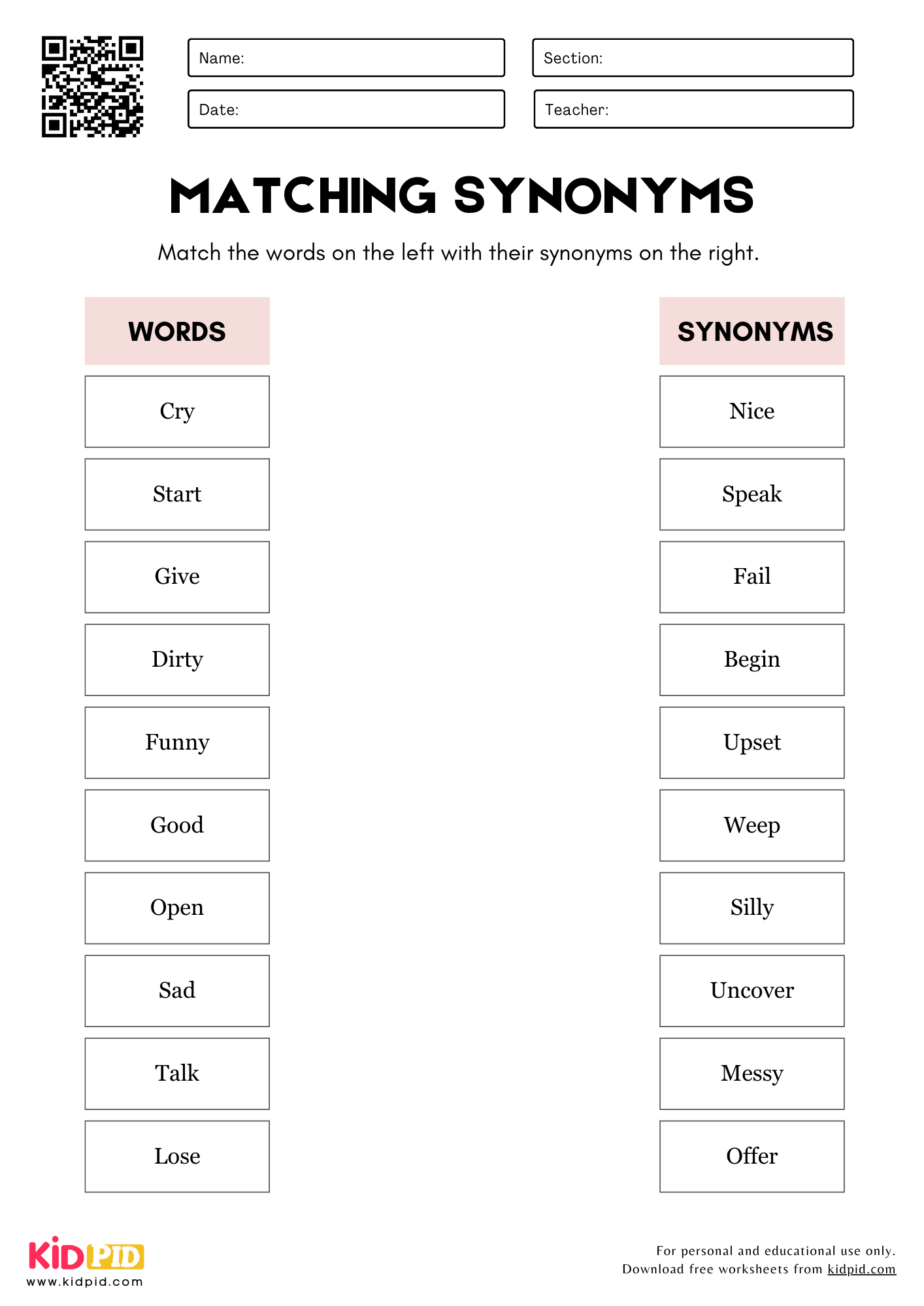 Match The Synonym Words For Grade 1 Kidpid