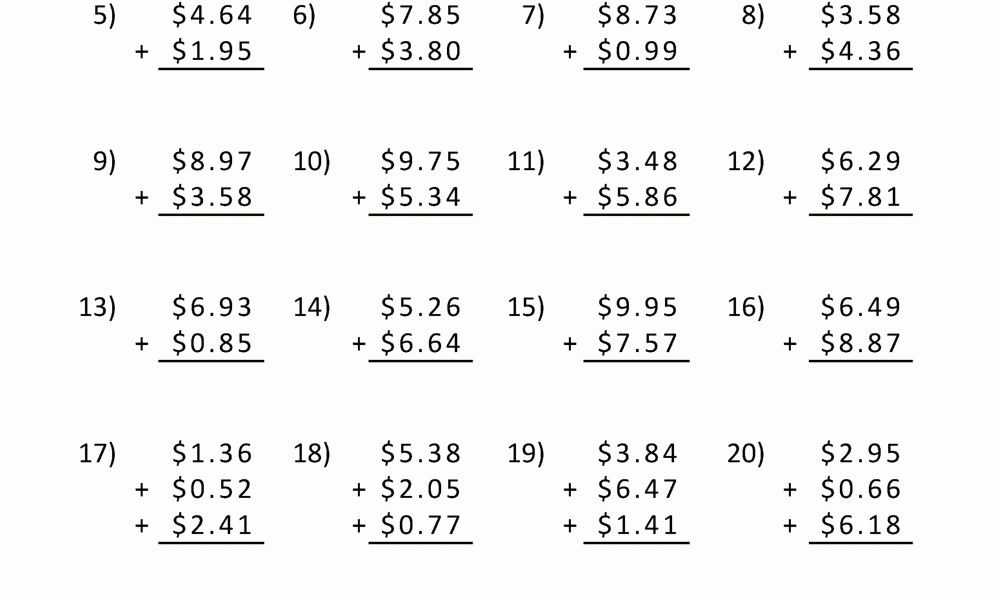 Money Addition Worksheet Collection 4th Grade