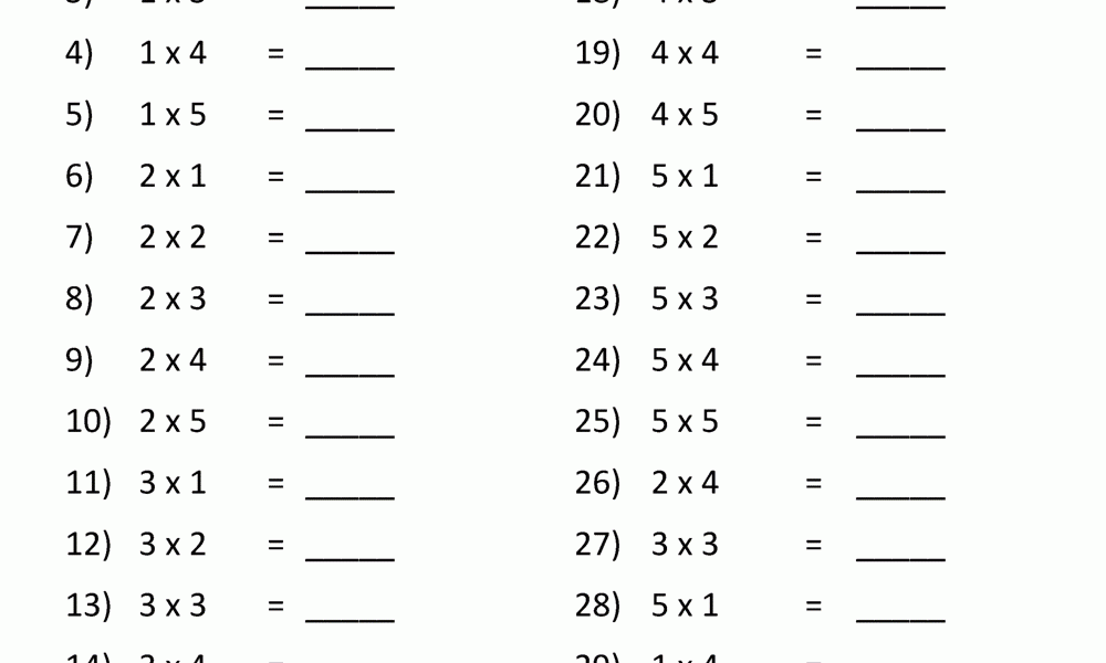 Multiplication Practice Worksheets To 5x5