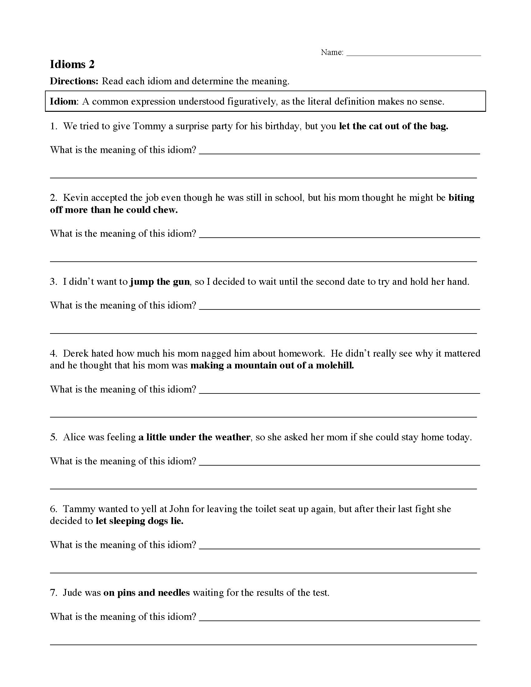 Printable 2nd Grade Idiom Worksheets Education Worksheets 