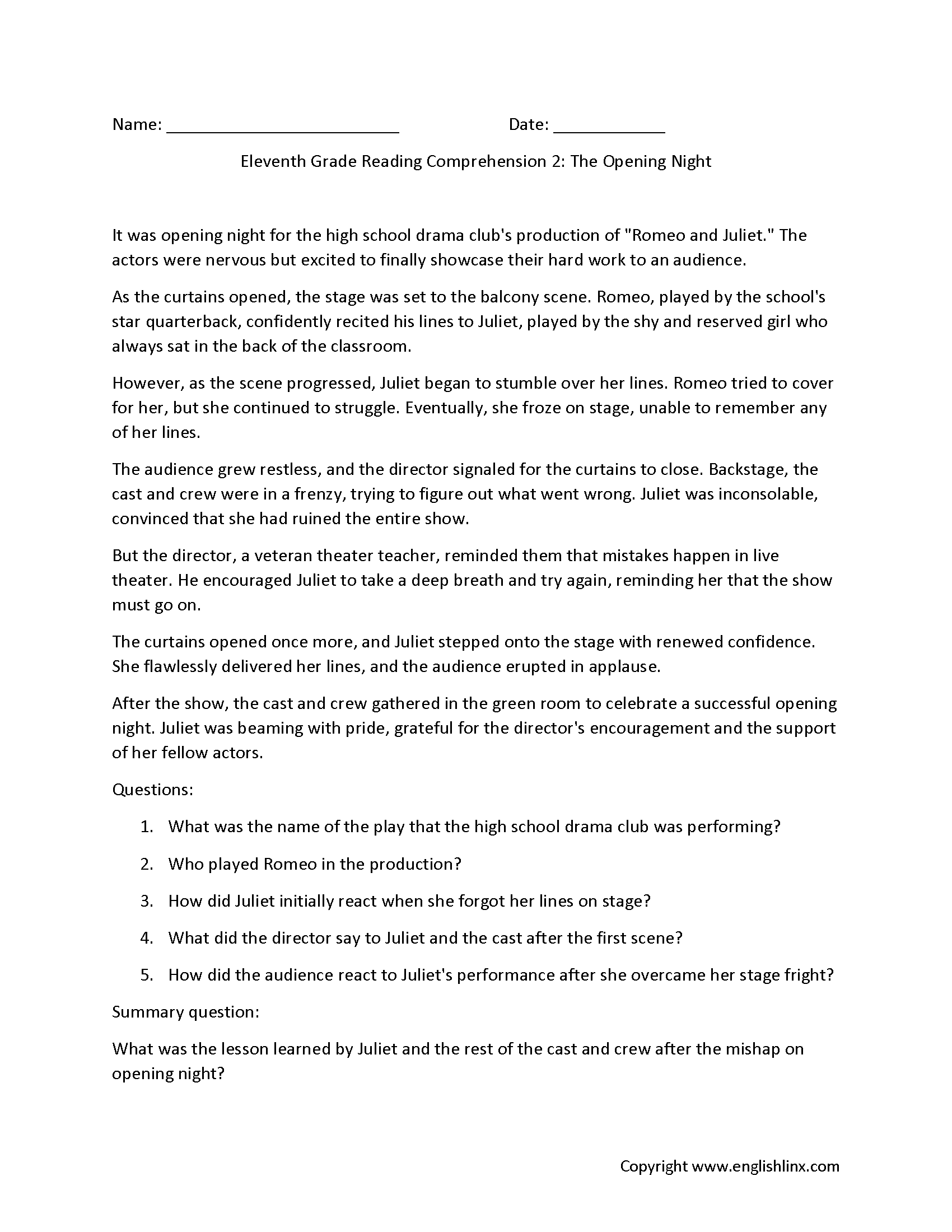 Free Printable Grade 11 English Worksheets