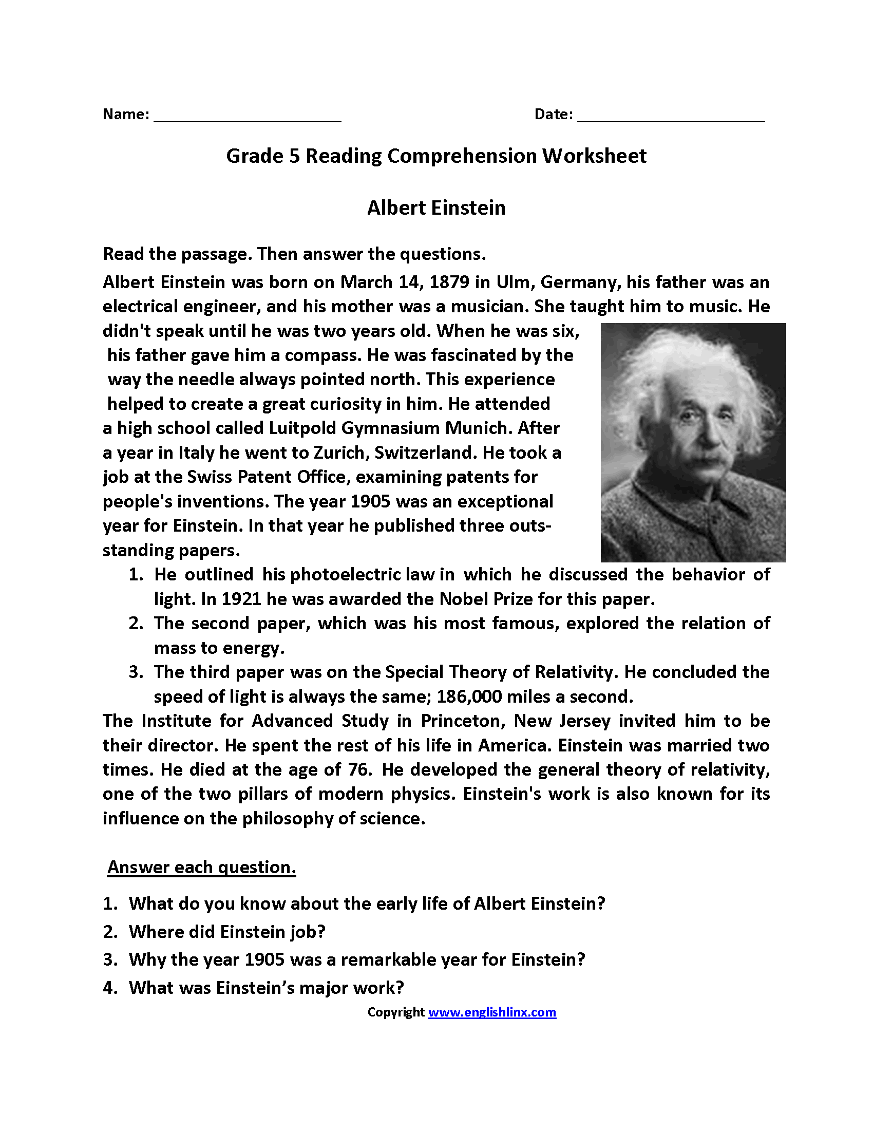 Free Reading Comprehension Worksheets 5th Grade