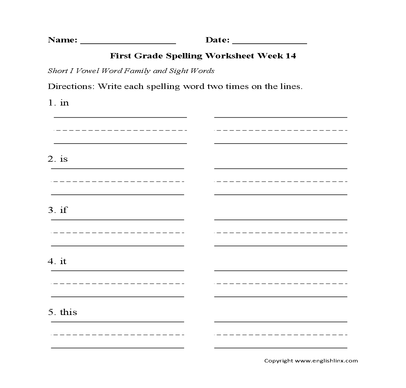 Spelling Worksheets First Grade Spelling Worksheets