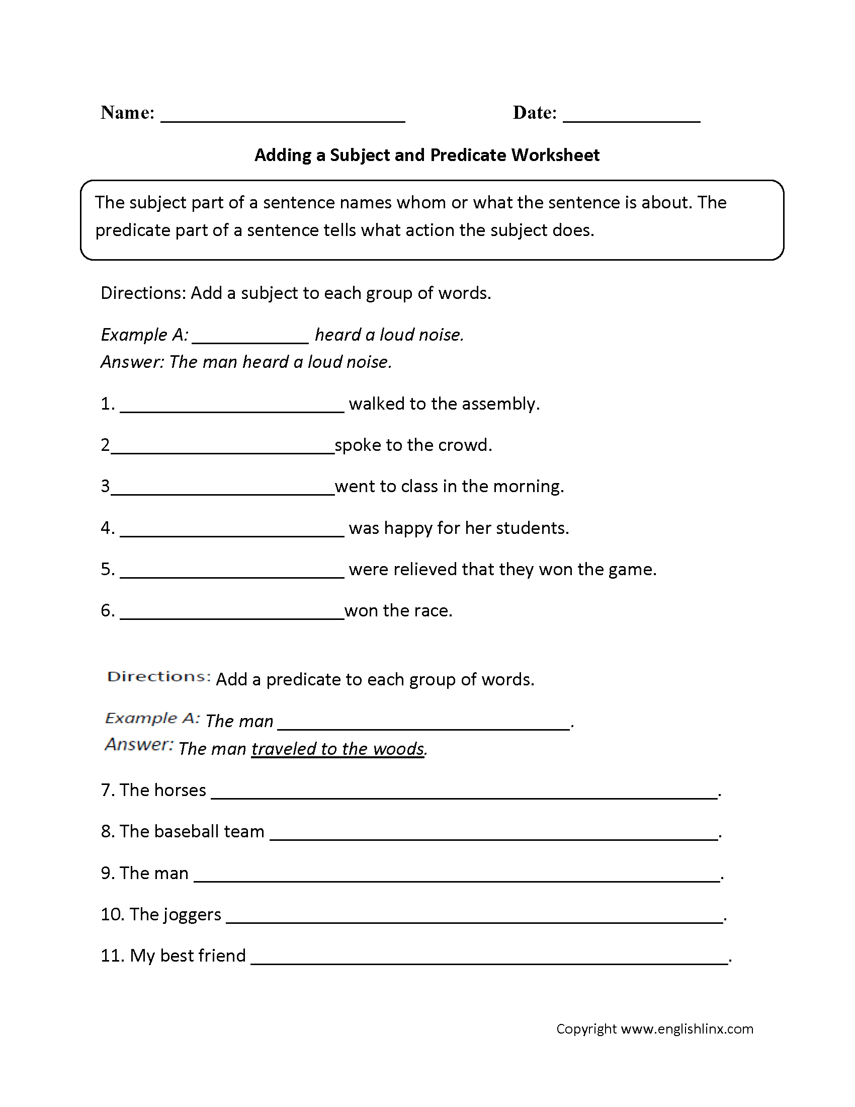 Subject And Predicate Worksheets Adding A Subject And Predicate Subject And Predicate Worksheets Adding A Subject And Predicate
