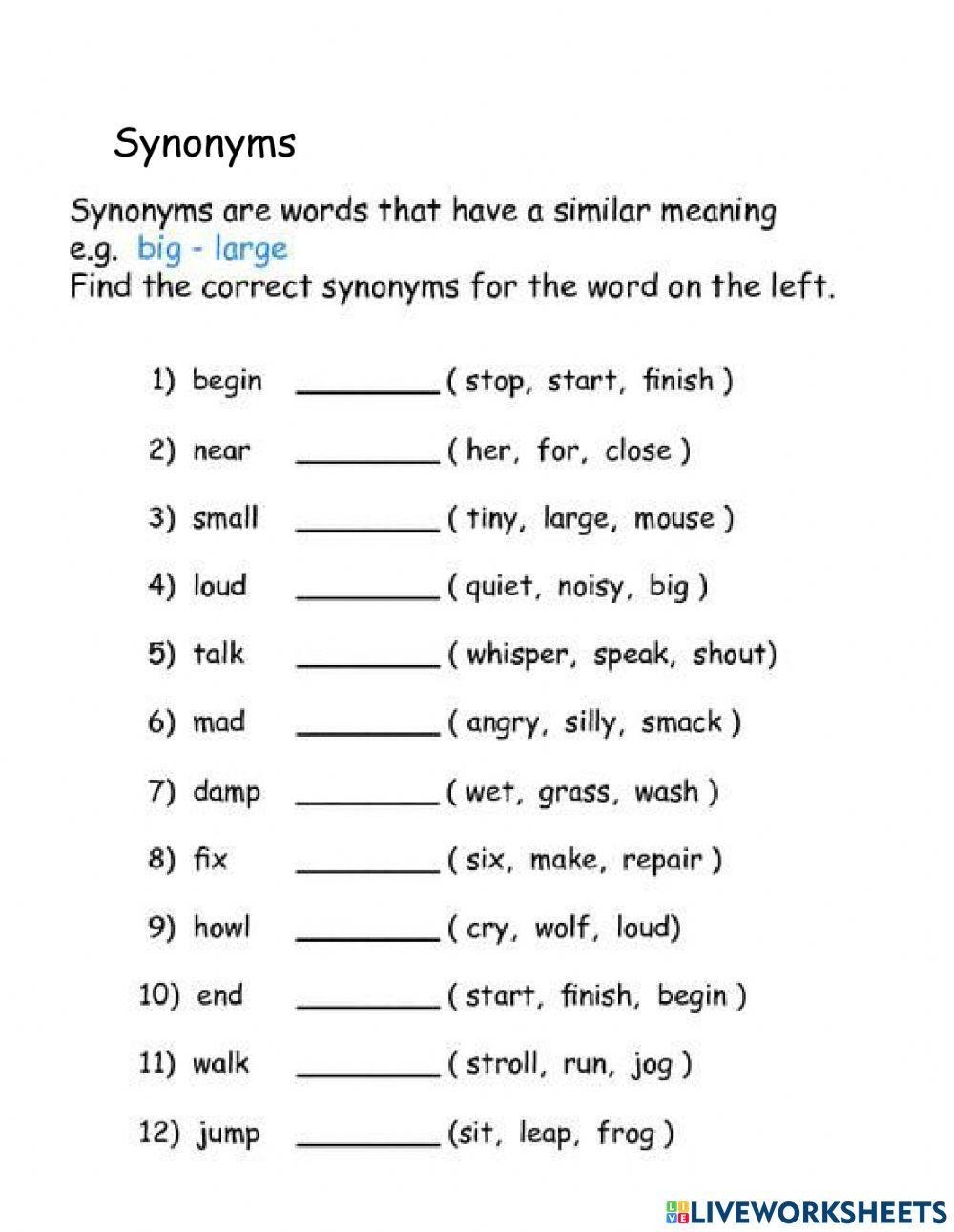 Synonyms Exercise For Grade 1 Live Worksheets Worksheets Library