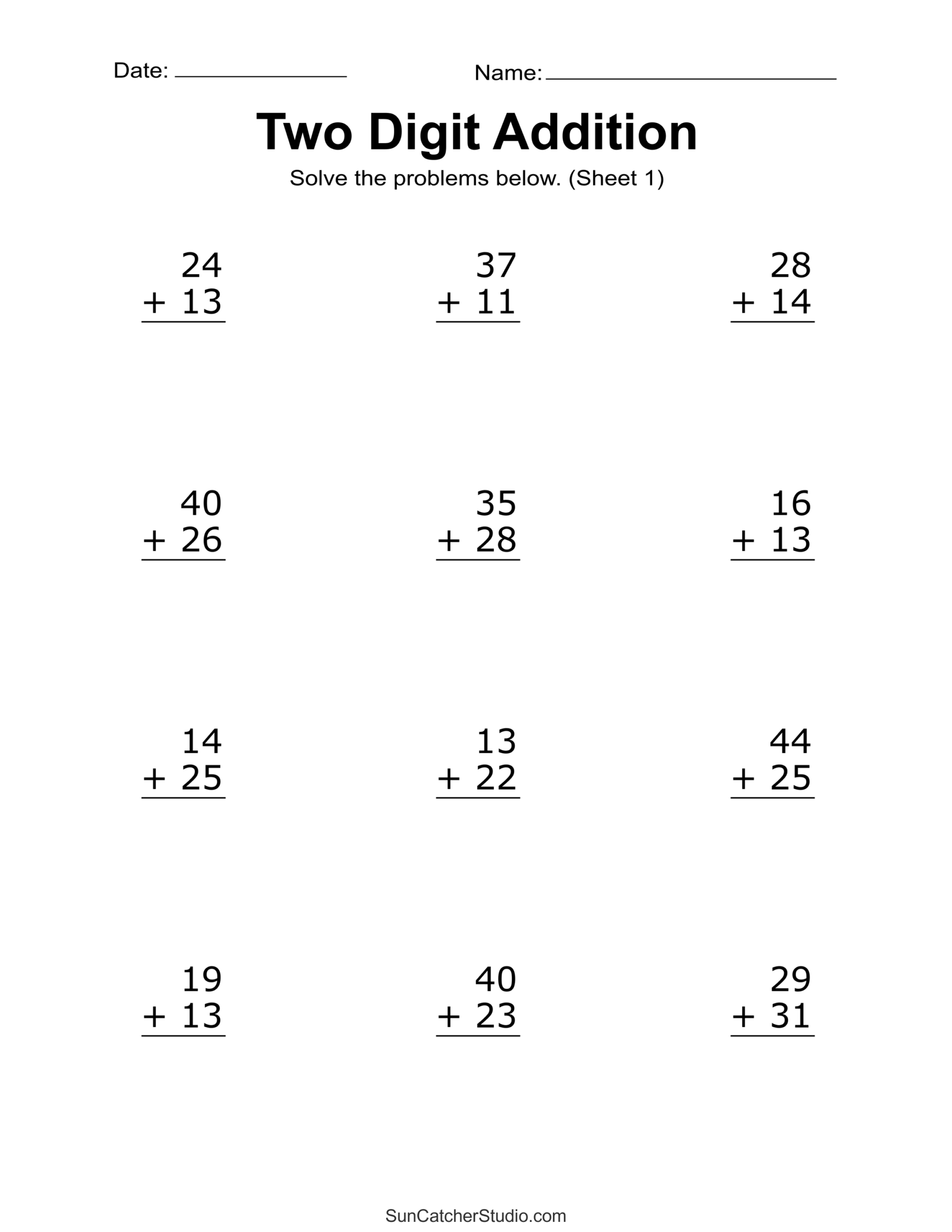 Two Digit Addition Worksheets Printable 2 Digit Problems Free 