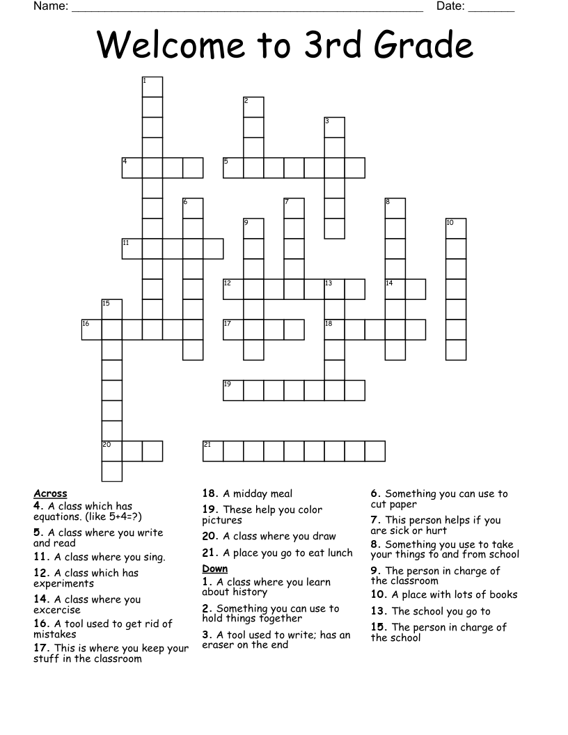 Crossword Puzzle Worksheet 3rd Grade Free
